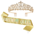 Birthday Queen gold sash with sparkling sequins and rhinestone tiara set for girls - One Size / Set 12 (Gold Crown + Gold Queen Sash)