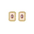 Macro detail of 18K gold earrings with purple gemstone, mother of pearl and cubic zirconia - Oval Purple Zirconia Earrings