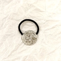 Elastic hair tie featuring a large irregular silver metal disc with crinkled texture - Silver Round Lava Texture 3.5cm