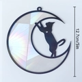 Detail of 5-inch rainbow suncatcher showing a black cat on moon with holographic finish - TYSC009: Optical Rainbow Prism Climbing Cat Moon