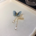 Vintage-style blue butterfly brooch with gold chain tassels and teardrop crystal pendant - 15-Zircon Butterfly Tassel Brooch