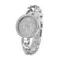 Macro shot of silver diamond-encrusted watch dial with Roman numerals and three sub-dials - Silver
