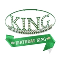 Ensemble couronne verte King et écharpe d'anniversaire pour homme avec strass - Strass vert AB + Écharpe iridescente verte