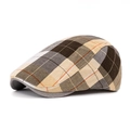Classic British plaid beret in brown and beige herringbone fabric with a flat top design - Beige