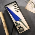 European vintage quill pen set with a vibrant blue feather and bronze barrel in a gift box - Blue