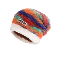 Colorful striped warm faux fur beanie with pom-pom and JOYLORD brand leather patch - Multi-color (6067-Multi-color)