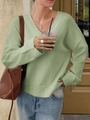 Women's casual loose-fit V-neck knit sweater in green with ribbed cuffs and hemline - XS / Light Green