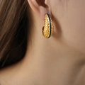 French style gold-plated titanium steel cashew earrings with blue enamel and hammered texture - Blue Enamel Gold Color / Gold Blue