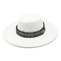 Elegant white wool felt fedora hat with wide brim and decorative tweed tassel band - M(56-58cm) / White