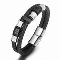 Bracciale da uomo in pelle nera intrecciata a due strati con chiusura magnetica in acciaio - Bianco e nero misto