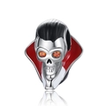 Detailed view of a silver vampire skull bead with orange eyes and red collar - Vampire Skull