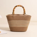 Bolso de paja a rayas con asas de bambú para vacaciones en la playa y estilo de verano - Asa de Bambú Rayas Beige Pequeño