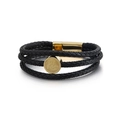 Pulsera multicapa de cuero trenzado negro con dije de acero dorado y cierre magnético - Estilo de Placa de Metal Redonda Kanji Dorado / Dorado