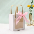 White paper gift bag with large clear window, pink ribbon bow, and brown handles - Kraft Paper Flat Handle + Ribbon / Small 14.5*8*16.5cm / White