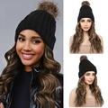 Black knitted beanie wig with brown pompom and long wavy brown gradient synthetic hair - 10H26 Brown Mixed