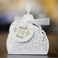 Elegant white laser-cut bridal gown candy box with satin ribbon and gold Thank You tag - White with Thank You Tag