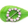 Detail of silver nipple shield with pink opal stones and stars on green leaf background - Pink Opal Star Style