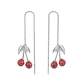 Elegant 925 sterling silver long drop earrings with red cherry pendants and silver leaves - Silver Red Cherry Style Dangle (SE100)