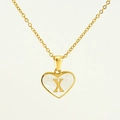 Golden heart necklace with white mother of pearl inlay and a metal letter X charm - Letter X
