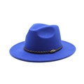 Close-up of royal blue wool fedora with brown braided band and vintage metal buckle - M (56-58cm) / Blue