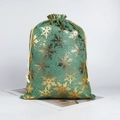 Green Christmas gift bag with golden foil snowflake patterns and cotton drawstring closure - Green Christmas Snowflake
