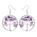 Detailed macro view of handmade tree of life wire wrapped earrings with purple amethyst stones - 3.5cm / Silver + Amethyst