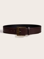 Detail van een donkerbruine lederen brede riem met een rechthoekige messing gesp - 4,5 CM Breed / Bruin