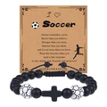 Handmade woven soccer bracelet with matte black beads and cross charm on a message card - Soccer Bracelet-6-Woven (Woven Rope + Cross + White Soccer Bead)