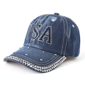 Berretto da baseball in denim lavato blu navy con lettere USA di strass e borchie - Regolabile / Blu Medio