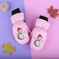 Pink winter ski mittens for kids with cartoon snowman pattern and warm knit cuffs - One Size / Pink Snowman / 3-6 Years