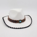 White felt western cowboy hat with turquoise leather band and black woven edge detail - One Size / White With Black Edge (Cross Rope)