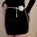 Detail of luxury layered pearl waist chain with camellia flower on a black velvet dress - Artificial Pearl Camellia Style (22#)
