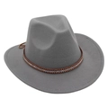 Detail of grey wool fedora hat featuring a brown band with decorative studs and rhinestones - One Size / Light Gray
