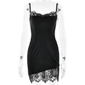 Sultry black lace-trimmed satin bodycon dress with spaghetti straps and uneven hemline - S / Black