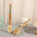 Double-sided wooden body brush with long handle and blue anti-slip grip for bathing - Bamboo Oval Brush Blue Grip 44x7cm