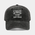 Detailed view of black washed cotton baseball cap with white 80th birthday embroidery - 80 Years Old / Black