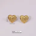 Golden heart-shaped stainless steel stud earrings with hammered textured finish - Hammered Heart Stud (FYD6147)