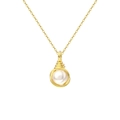 Elegant 925 sterling silver gold plated necklace with round white pearl pendant on white base - Gold Wrapped Pearl Pendant(GPN46-14K)