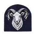 Close-up of navy blue knit beanie featuring detailed ram head jacquard pattern and texture - M (56-58cm) / Navy Blue
