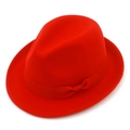 Detailed top view of a classic red wool felt fedora hat with a matching ribbon bow - Red