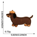 Brown dachshund dog embroidery patch with orange beret and white sizing measurements - Dachshund with Orange Beret