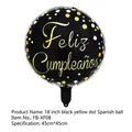 18 inch round black foil balloon with gold dots and Feliz Cumpleaños lettering - Black Yellow Dots Spanish Balloon