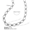 Collier chaîne en acier inoxydable argenté de 7,9mm pour femme, longueur 42cm - 42cm+5cm / Collier en Argent