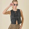 Fashionable dark grey washed denim vest with triple front bow tie closures in street style - L / Black