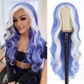 Detail view of long wavy blue and white gradient lace front wig on a mannequin head - Light Blue with White Highlights