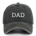 Macro detail of DAD embroidery on dark grey washed cotton vintage baseball cap - DAD Embroidery / Army Green