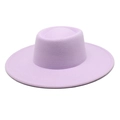 Detailed close-up of light purple wool felt wide brim boater hat with a flat top design - Taro Purple