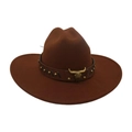 Cappello da cowboy marrone in lana con fascia in pelle e fibbia a testa di toro - caffè