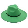 Classic bright green wool felt fedora hat with a black belt buckle strap accent - Grass Green (Belt Style)