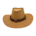 Western cowboy sun hat in tan straw with leopard head ornament and wide brim design - Camel (Leopard Head Belt)